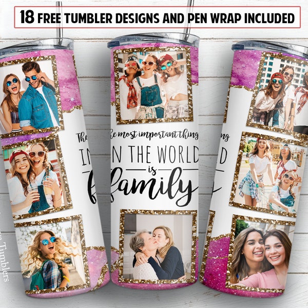 Family 20 oz skinny tumbler sublimation design Glitter marble Photo frame PNG design + 30 oz tumbler template and Epoxy pen wrap design