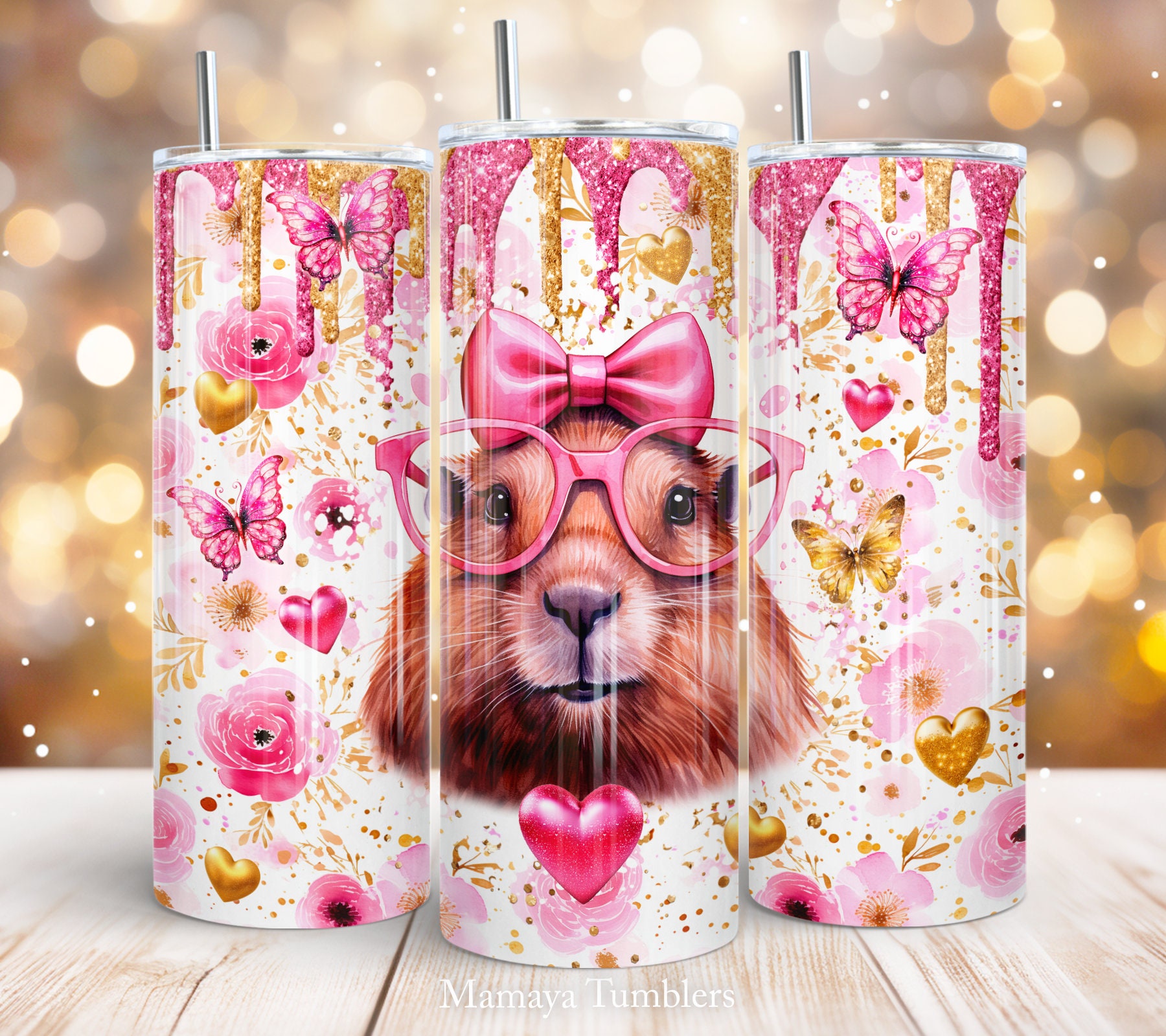 Valentine Day Capybara 20oz skinny tumbler sublimation design Love Heart Butterfly Floral Straight wrap PNG Waterslide Digital download