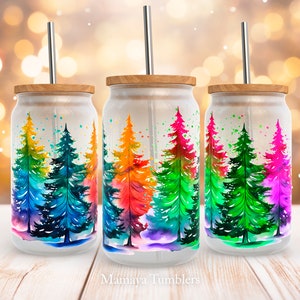 Christmas trees 16oz glass can sublimation design Winter Holiday Neon pine tree Glass can wrap PNG template download