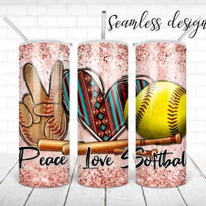 SEAMLESS peace love softball tumbler PNG design Glitter sport 20 oz skinny tumbler STRAIGHT digital wrap