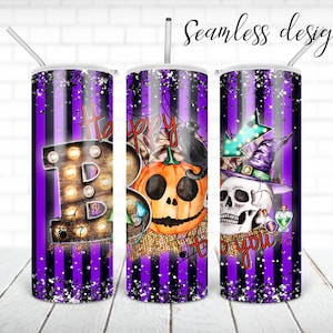 SIN COSTURAS Feliz boo a usted tumbler PNG diseño de calabaza de Halloween y brillo de cráneo 20 oz vaso flaco envoltura digital RECTA