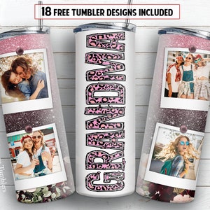 Grandma 20 oz skinny tumbler sublimation design Picture frame leopard Floral glitter digital PNG design + 30 oz tumbler template