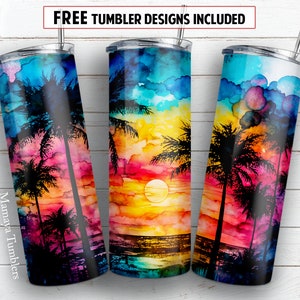 Sunset at the beach 20 oz skinny tumbler sublimation design Alcohol ink Ocean Palms Summer digital PNG Straight wrap Waterslide download