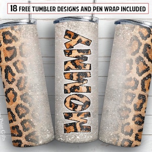 Vaso de mamá Diseño PNG Leopard Glitter 20oz y 30oz vaso delgado Envoltura digital RECTA + Diseño de envoltura de pluma epoxi