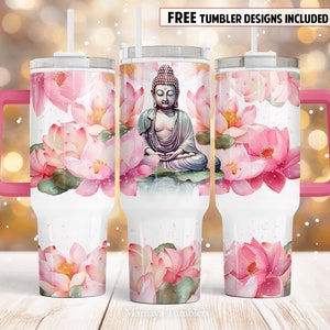 Budha 40oz Quencher tumbler sublimation design Lotus flower digital PNG wrap Waterslide download