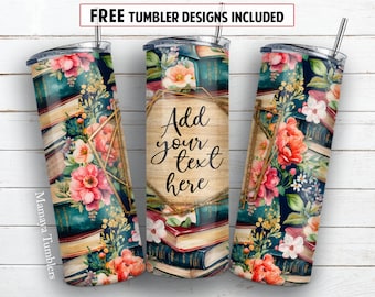 Book flowers Name 20 oz skinny tumbler sublimation design Reading lover floral Seamless digital PNG Straight wrap Waterslide download