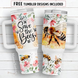 Save the bees 40 oz Quencher tumbler sublimation design Flower Honey comb Floral digital PNG wrap Waterslide download