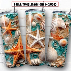 Puede incluir: Tres vasos de acero inoxidable con un diseño de temática playera. Los vasos presentan un patrón de conchas marinas, estrellas de mar y remolinos de papel en tonos azules, blancos y naranjas.