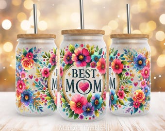 Best mom 16oz glass can sublimation design Flowers Mother's Day Glass can wrap PNG Template Digital download