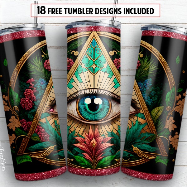 Stained glass All seeing eye 20oz skinny tumbler sublimation design Pyramid Triangle floral digital PNG Straight wrap Waterslide download