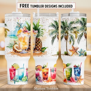 Summer cocktails 40 oz Quencher tumbler sublimation design Beach drinks Palm tree Vocation vibes digital PNG wrap Waterslide download