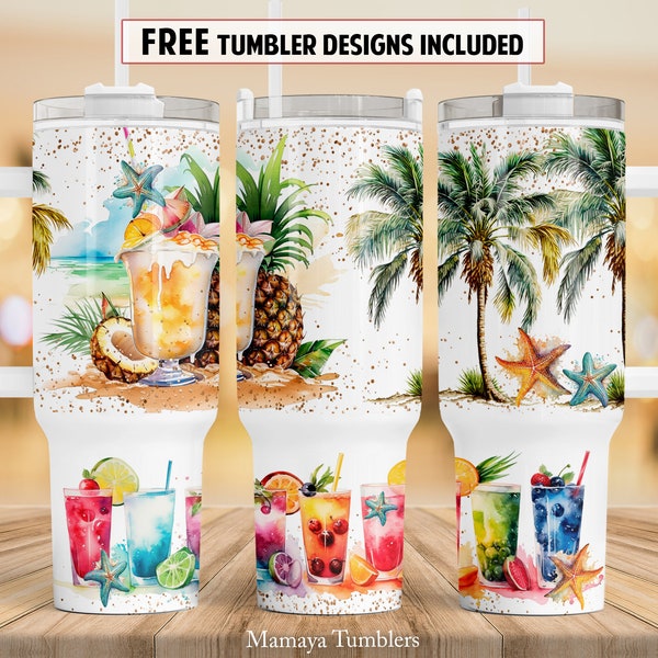 Cocktails d'été 40 oz Quencher tumbler sublimation design Beach drinks Palm tree Vocation vibes digital PNG wrap Waterslide download