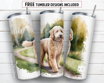 Goldendoodle dog 20 oz skinny tumbler sublimation design Watercolor pet lover digital PNG Straight wrap Waterslide download