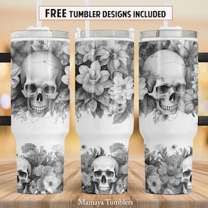 Black and white skull flowers 40 oz Quencher tumbler sublimation design Halloween Skeleton Floral digital PNG wrap Waterslide download