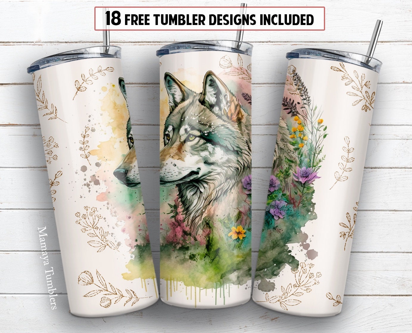 Wolf 20 Oz Skinny Tumbler Sublimation Design Boho Gold Plant Wild ...