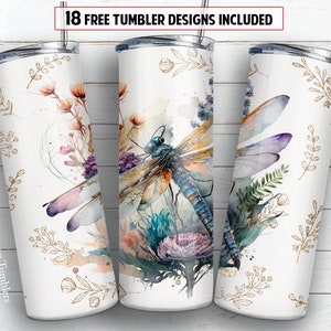 Dragonfly 20 oz skinny tumbler sublimation design Boho flower Wild nature floral Watercolor digital PNG Straight wrap Waterslide download