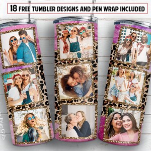 Op de afbeelding: Drie roestvrijstalen bekers met foto's van mensen, omlijst met gouden glitter, tegen een roze en luipaardprint achtergrond. De bekers hebben een rietje en de tekst "18 FREE TUMBLER DESIGNS AND PEN WRAP INCLUDED".