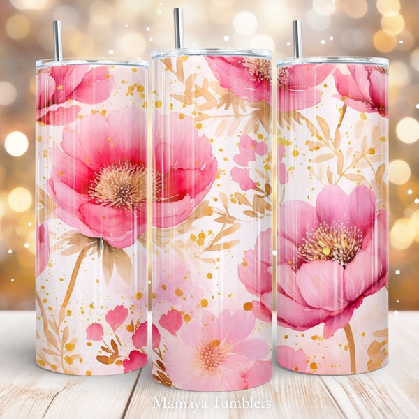 Floral 20 oz skinny tumbler sublimation design Glitter Gold Pink Flowers Seamless digital PNG Straight wrap Waterslide download