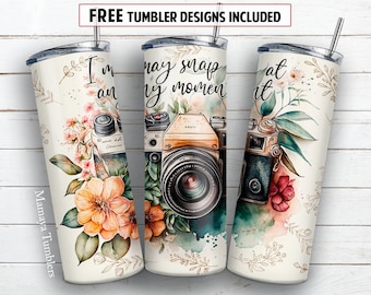 I may snap at any moment 20 oz skinny tumbler sublimation design Camera flower Floral seamless digital PNG Straight wrap Waterslide download