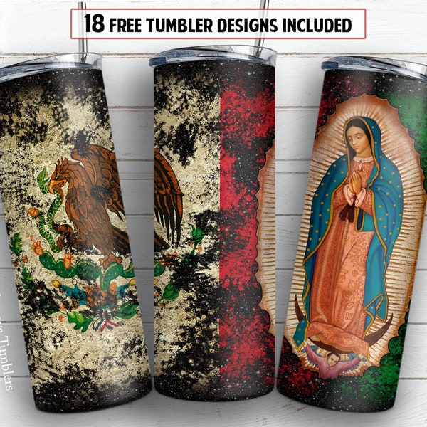 20 oz skinny tumbler sublimation design Virgin Mary Mexican flag PNG design + 30 oz tumbler template