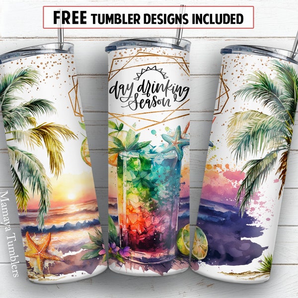 Day drinking season 20 oz skinny tumbler sublimation design Summer funny quote Mojito cocktail digital PNG Straight wrap Waterslide download