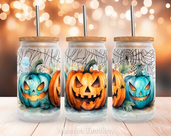 Halloween pumpkins 16oz glass can sublimation design Spooky pumpkin spider Glass can wrap PNG wrap download