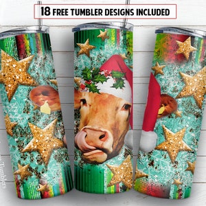 20 oz skinny tumbler sublimation design Christmas cow digital PNG design + 30 oz tumbler template