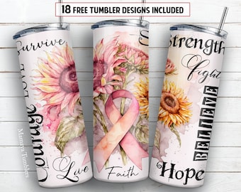 Awareness 20oz skinny tumbler sublimation design Breast cancer Pink ribbon sunflower Floral digital PNG Straight wrap Waterslide download