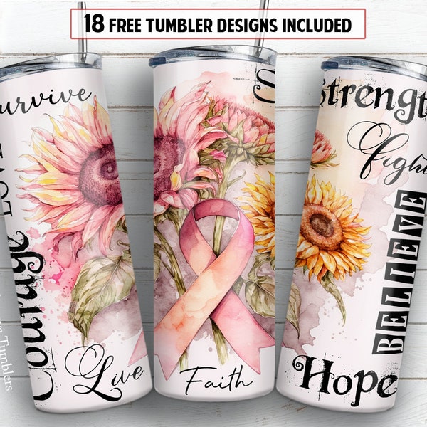 Bewusstsein 20 Unzen Skinny Becher Sublimation Design Brustkrebs Rosa Band Sonnenblume Blumen Digital PNG Gerade Wrap Wasserschiebe Download