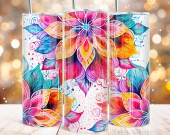 Mandala 20oz skinny tumbler sublimation design Colorful floral mandala design Digital PNG Straight wrap Waterslide download