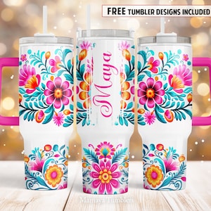 Name blank 40oz Quencher tumbler sublimation design Mexico traditional flowers Floral teal pink digital PNG wrap Waterslide download