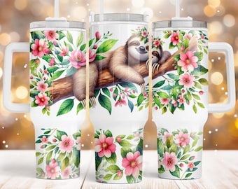 Sloth 40oz Quencher tumbler Sublimation design Cute animal Boho Flower Floral Sloth PNG wrap Waterslide Digital download