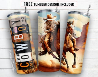 May include: Three different designs for a stainless steel tumbler. The first design features a vintage license plate with the word "COWBOY" on it. The second design features a cowboy riding a horse in a desert landscape. The third design features a horse running in a desert landscape.