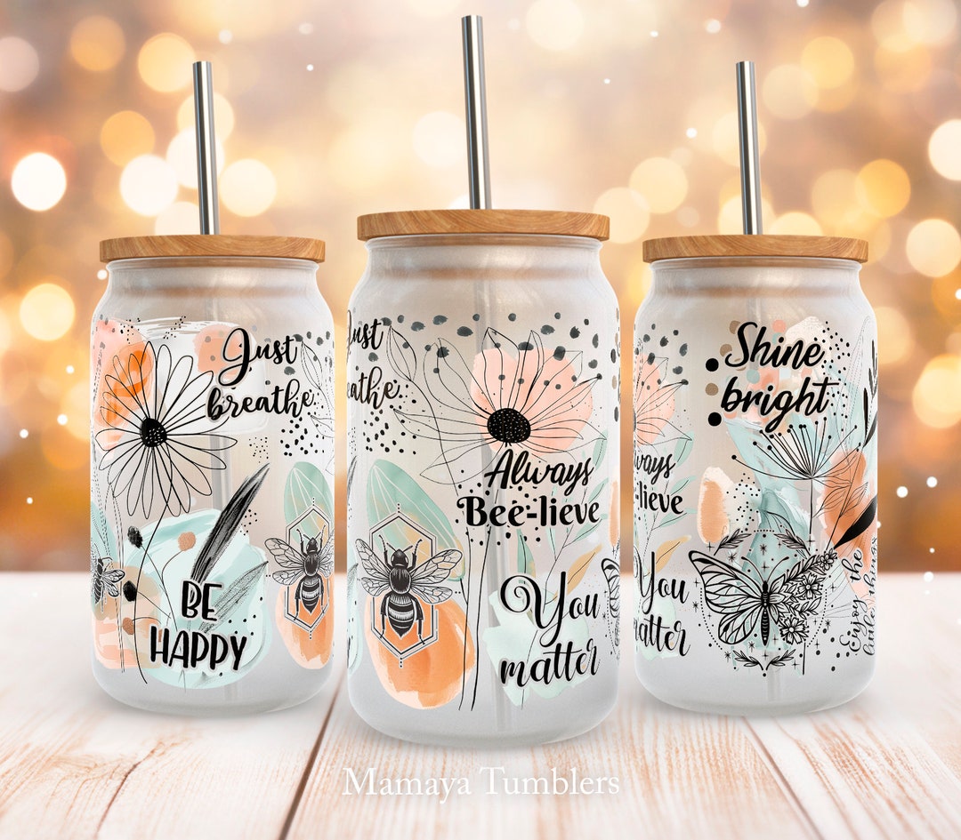 Positive Affirmations 16oz Glass Can Sublimation Design Boho Floral ...