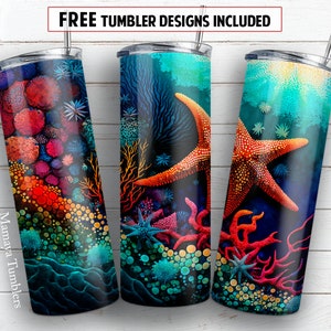 Starfish 20 oz skinny tumbler sublimation design Alcohol ink Sea animal Coral reef Ocean life digital PNG Straight wrap Waterslide download