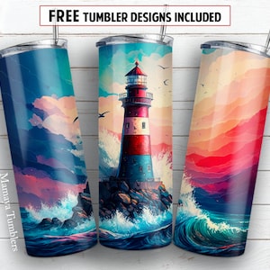 Lighthouse 20 oz skinny tumbler sublimation design Colorful Sea waves digital PNG Straight wrap Waterslide download