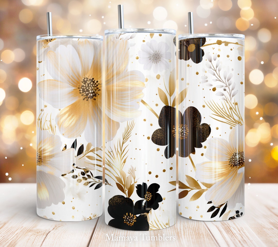 Floral 20 Oz Skinny Tumbler Sublimation Design Glitter Gold Black White ...