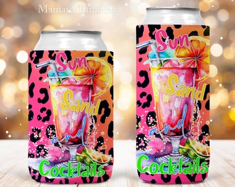 Sun sand and cocktails Can holder sublimation design Summer drinks Leopard 12oz Can cooler Neoprene holder Template PNG Digital download