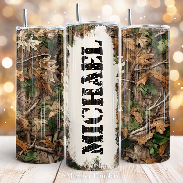 Add name blank 20oz skinny tumbler sublimation design Camo leaves wood Forest Camouflage Digital PNG Straight wrap Waterslide download