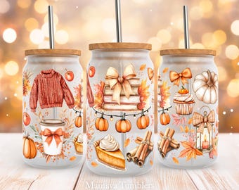 Lata de vidrio de 16 oz de otoño Diseño de sublimación Vibraciones otoñales Temporada acogedora Camión de calabaza Coqueta Lazo Libro Envoltura de lata de vidrio PNG Descarga digital
