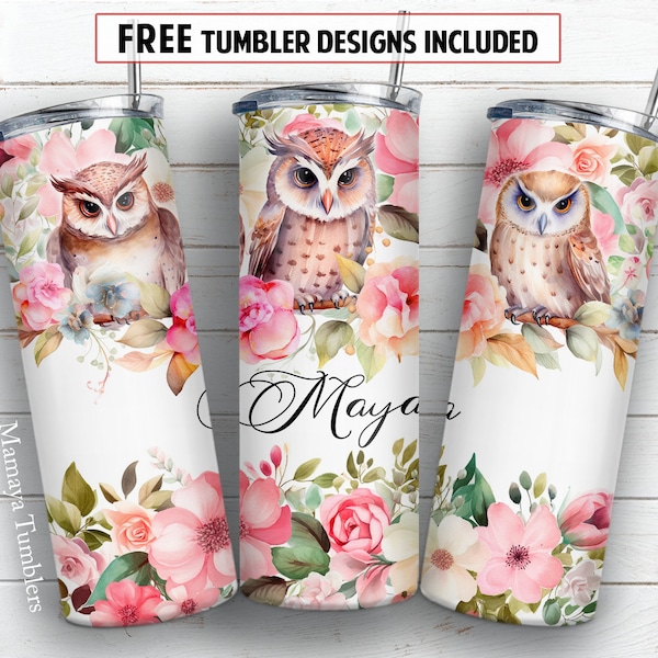 Owls and flowers 20 oz skinny tumbler sublimation design Watercolor Add name / text Floral digital PNG Straight wrap Waterslide download