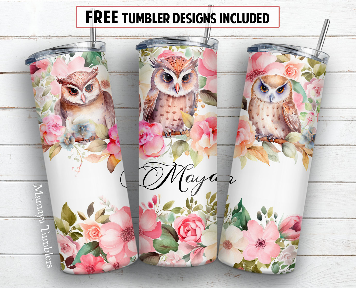 Owls and flowers 20 oz skinny tumbler sublimation design Watercolor Add name / text Floral digital P