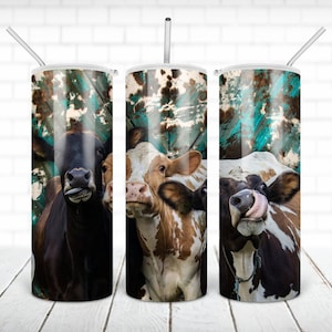 Cow trio with cowhide and teal wood tumbler PNG design Western cow print 20 oz skinny tumbler STRAIGHT digital wrap