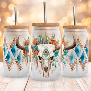 Cow skull 16oz glass can sublimation design Aqua and brown Boho Bull skull flowers Aztec Western Glass can wrap PNG Digital download
