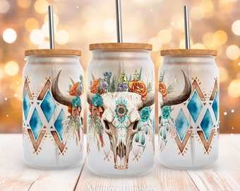 Cow skull 16oz glass can sublimation design Aqua and brown Boho Bull skull flowers Aztec Western Glass can wrap PNG Digital download