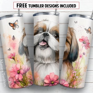 Sitzu dog flower and butterfly 20 oz skinny tumbler sublimation design Watercolor Pet lover digital PNG Straight wrap Waterslide download
