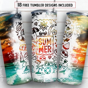 Summer 20 oz skinny tumbler sublimation design Ocean beach sunset digital PNG design + 30 oz tumbler template and Epoxy pen wrap