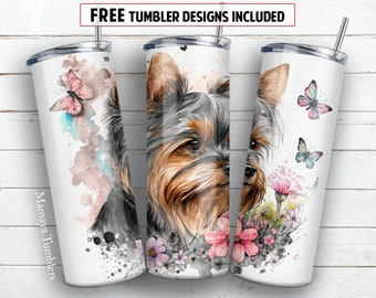 Flor de perro Yorkie y mariposa Diseño de sublimación de vaso delgado de 20 oz Amante de las mascotas PNG digital Envoltura recta Descarga de tobogán
