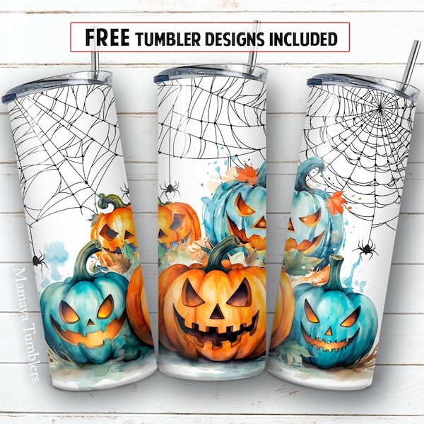 Spooky pumpkins 20 oz skinny tumbler sublimation design Halloween spider Teal and orange digital PNG Straight wrap Waterslide download