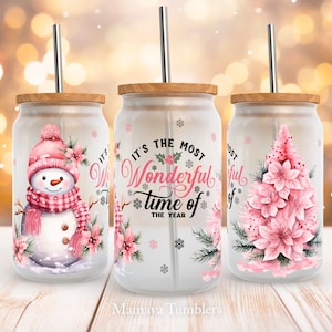 It&#39;s the most wonderful time of the year 16oz glass can sublimation design Snowman Christmas tree Flower Glass can wrap PNG wrap download